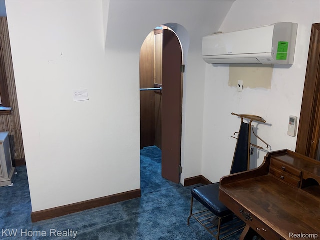 27943 Sunset Blvd W, Lathrup Village, MI 48076 - hallway with a wall mounted air conditioner, dark carpet, and arched walkways