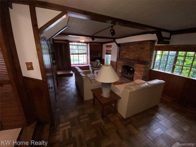 27943 Sunset Blvd W, Lathrup Village, MI 48076 - living area with a fireplace, wooden walls, wainscoting, track lighting, and dark flooring