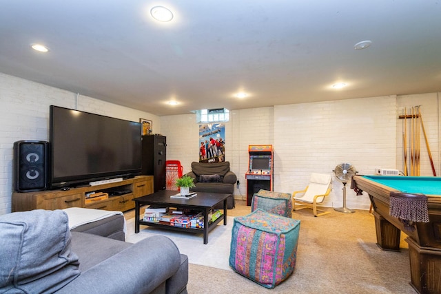 953 Berkshire Rd, Grosse Pointe Park, MI 48230 - living room with brick wall, light carpet, recessed lighting, and pool table