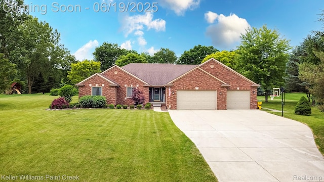 75757 Peters Dr, Bruce, MI 48065 - view of front of home with a front lawn, a garage, concrete driveway, and brick siding