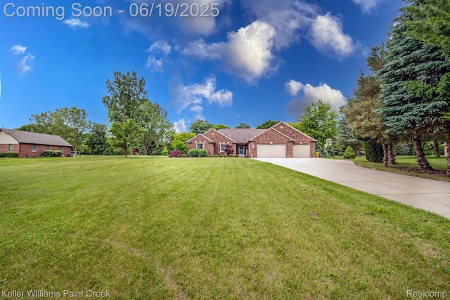 75757 Peters Dr, Bruce, MI 48065 - ranch-style house with an attached garage, concrete driveway, a front lawn, and brick siding
