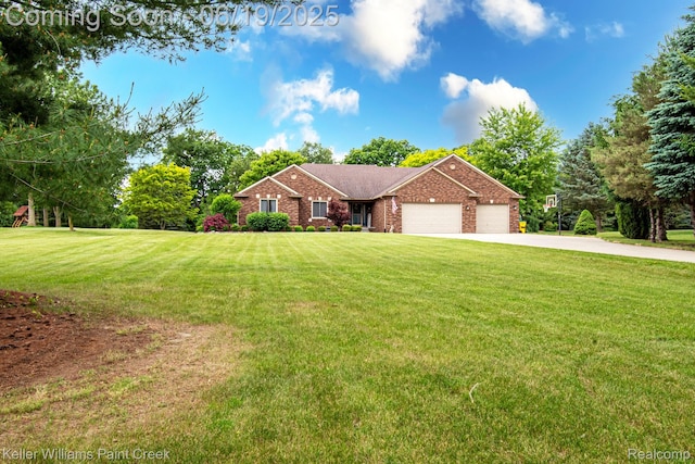 75757 Peters Dr, Bruce, MI 48065 - view of front of property featuring a garage, brick siding, concrete driveway, and a front lawn
