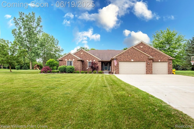 75757 Peters Dr, Bruce, MI 48065 - view of front of property featuring an attached garage, brick siding, a front lawn, and concrete driveway