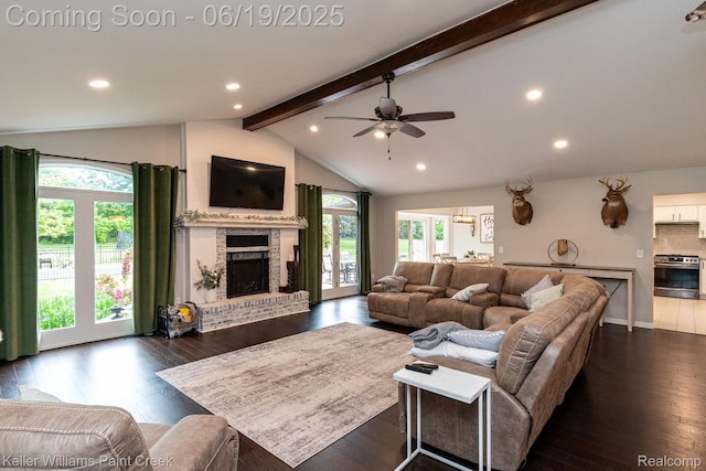 75757 Peters Dr, Bruce, MI 48065 - living area featuring plenty of natural light, a fireplace, dark wood finished floors, a ceiling fan, and recessed lighting