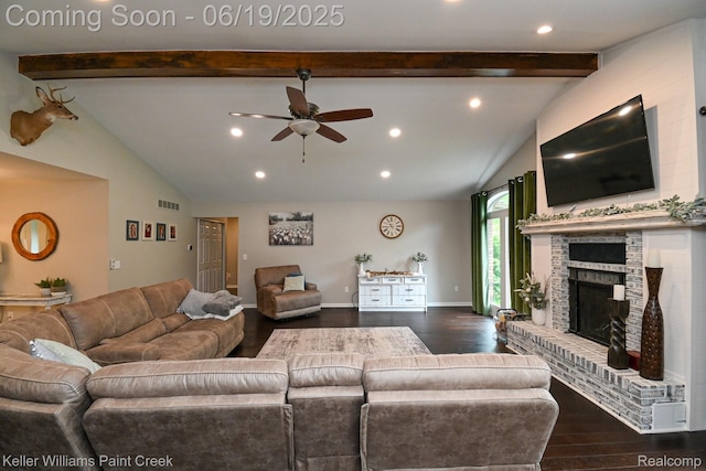 75757 Peters Dr, Bruce, MI 48065 - living area featuring a ceiling fan, wood finished floors, a brick fireplace, and recessed lighting