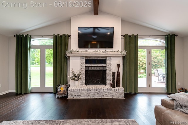 75757 Peters Dr, Bruce, MI 48065 - living room featuring wood-type flooring, healthy amount of natural light, and a brick fireplace