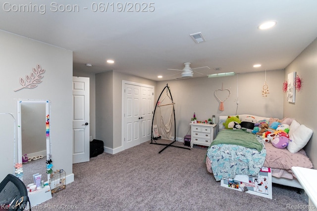 75757 Peters Dr, Bruce, MI 48065 - bedroom featuring recessed lighting, carpet, a closet, and a ceiling fan