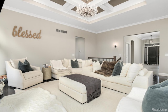 50035 Anita Way N, Macomb, MI 48044 - living area with a chandelier, wood finished floors, crown molding, beam ceiling, and coffered ceiling