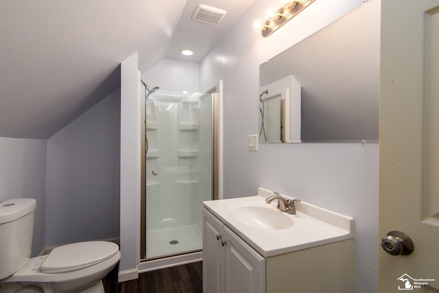 45510 Arkona Rd, Belleville, MI 48111 - bathroom with lofted ceiling, toilet, a stall shower, vanity, and wood finished floors