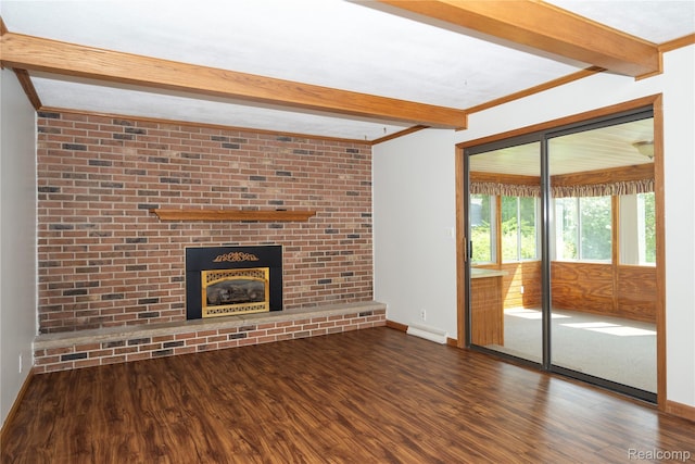 3460 N Gale Rd, Davison, MI 48423 - unfurnished living room with beamed ceiling, wood finished floors, baseboards, and a brick fireplace