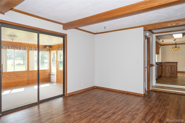 3460 N Gale Rd, Davison, MI 48423 - unfurnished room featuring dark wood-style floors, healthy amount of natural light, crown molding, beamed ceiling, and baseboards