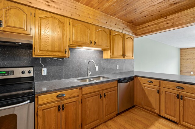 125 Wa Wee Nork Dr Unit 109-5-A, Battle Creek, MI 49015 - kitchen featuring stainless steel appliances, a sink, light wood-style flooring, decorative backsplash, and under cabinet range hood