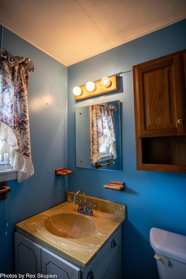 3118 W 104th St, Grant, MI 49327 - half bathroom with vanity, toilet, and a textured ceiling