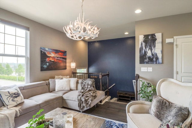 2605 Helmsdale Cir, Rochester, MI 48307 - living room with a chandelier, wood finished floors, and recessed lighting