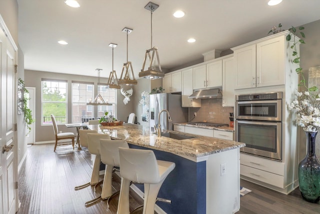 2605 Helmsdale Cir, Rochester, MI 48307 - kitchen featuring under cabinet range hood, a sink, stainless steel appliances, decorative backsplash, and dark wood-type flooring