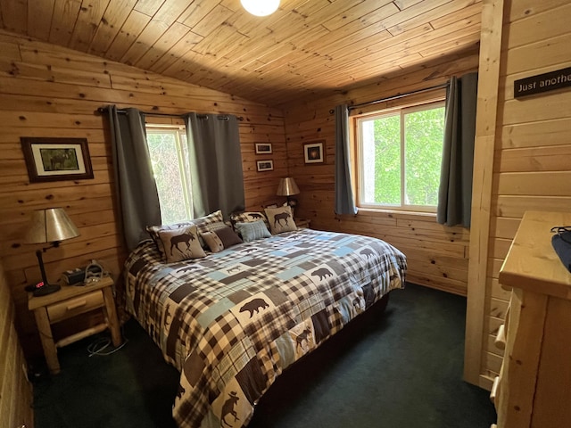 32480 W Old Chip Rd, Paradise, MI 49768 - bedroom with wood walls, vaulted ceiling, multiple windows, dark carpet, and wooden ceiling