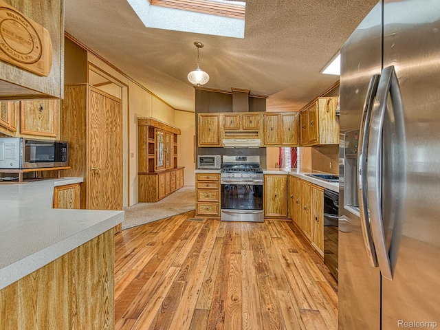 285 Heather, Temperance, MI 48182 - kitchen with appliances with stainless steel finishes, under cabinet range hood, light wood finished floors, a skylight, and a textured ceiling