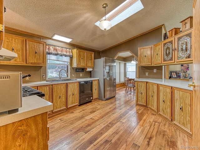 285 Heather, Temperance, MI 48182 - kitchen with black dishwasher, a sink, a textured ceiling, vaulted ceiling, and stainless steel fridge with ice dispenser