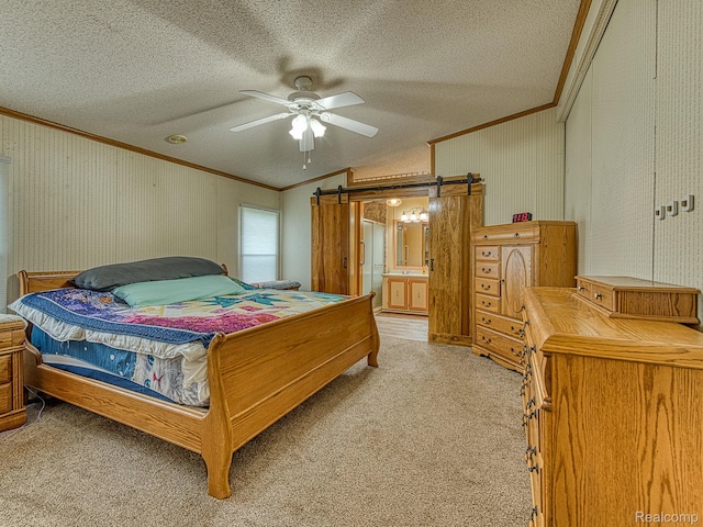 285 Heather, Temperance, MI 48182 - bedroom with ornamental molding, light colored carpet, a barn door, a textured ceiling, and ceiling fan
