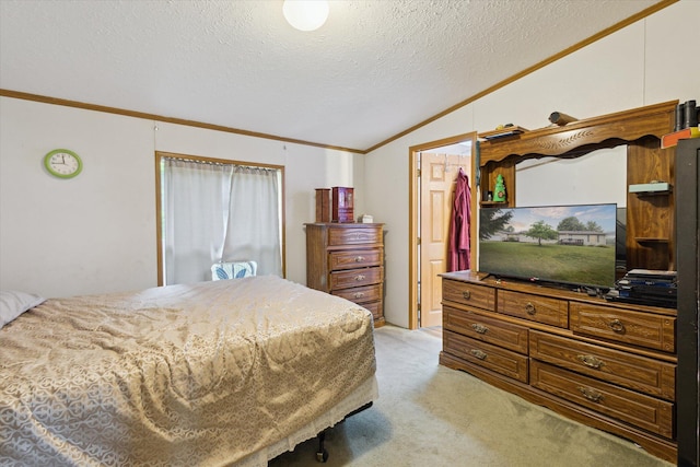 7100 Tripp Rd, Horton, MI 49246 - bedroom with lofted ceiling, crown molding, light carpet, and a textured ceiling