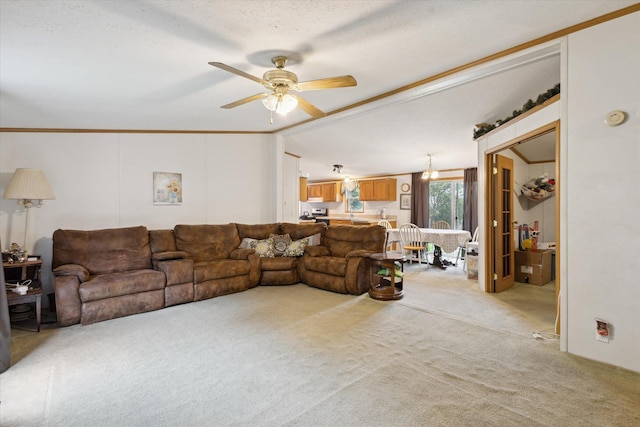 7100 Tripp Rd, Horton, MI 49246 - living room featuring light carpet, ceiling fan, and ornamental molding