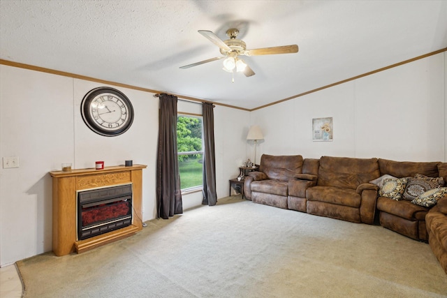 7100 Tripp Rd, Horton, MI 49246 - carpeted living area with a ceiling fan, ornamental molding, and a fireplace