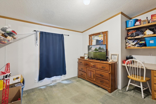 7100 Tripp Rd, Horton, MI 49246 - office featuring ornamental molding, light carpet, a textured ceiling, and built in study area