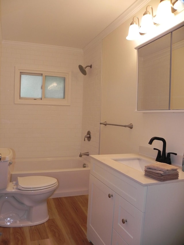 1097 Oliverda Rd, Sherwood, MI 49089 - bathroom featuring toilet, wood finished floors, vanity, shower / tub combination, and crown molding