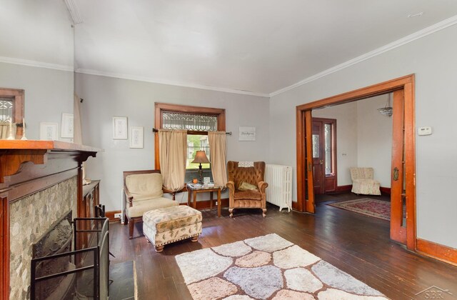 234 N Jackson St, Bay City, MI 48708 - living area with radiator, wood-type flooring, ornamental molding, and baseboards