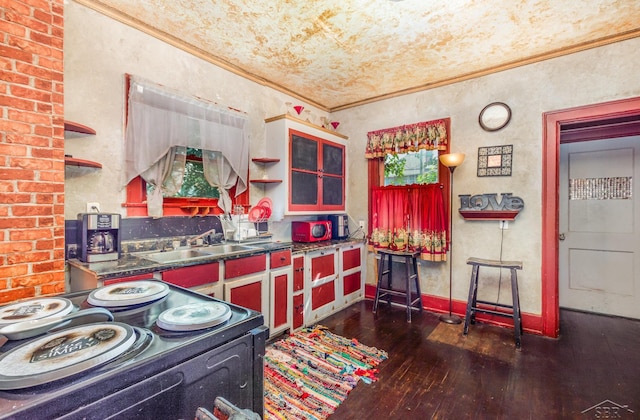 234 N Jackson St, Bay City, MI 48708 - kitchen featuring black / electric stove, hardwood / wood-style floors, ornamental molding, a sink, and open shelves