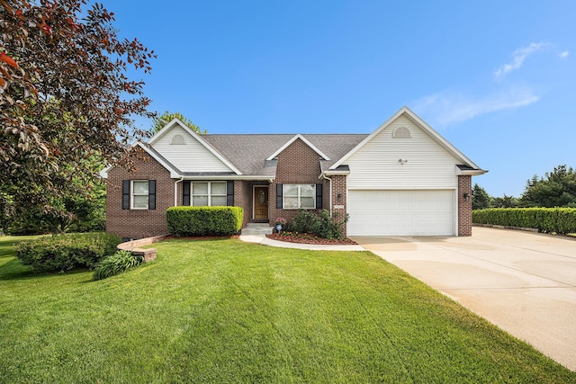 53029 Meadow View Ln, Paw Paw, MI 49079 - ranch-style home with brick siding, driveway, a front lawn, and an attached garage