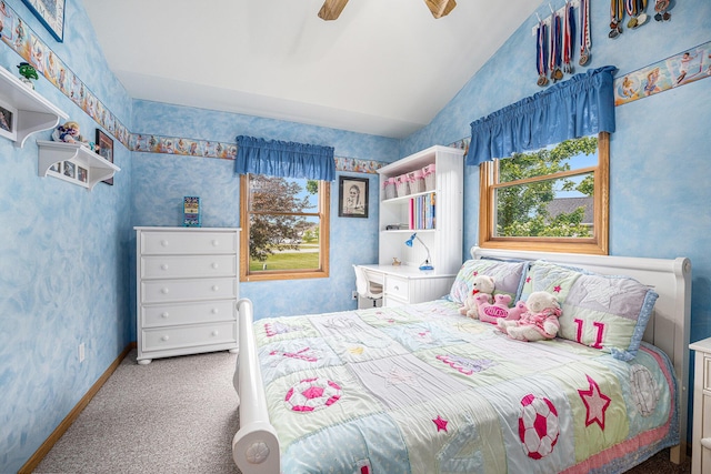 53029 Meadow View Ln, Paw Paw, MI 49079 - carpeted bedroom with lofted ceiling, baseboards, wallpapered walls, and ceiling fan