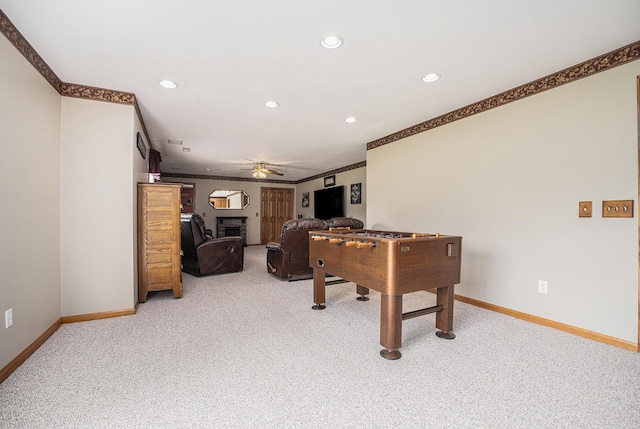 53029 Meadow View Ln, Paw Paw, MI 49079 - playroom with light carpet, ceiling fan, baseboards, recessed lighting, and crown molding