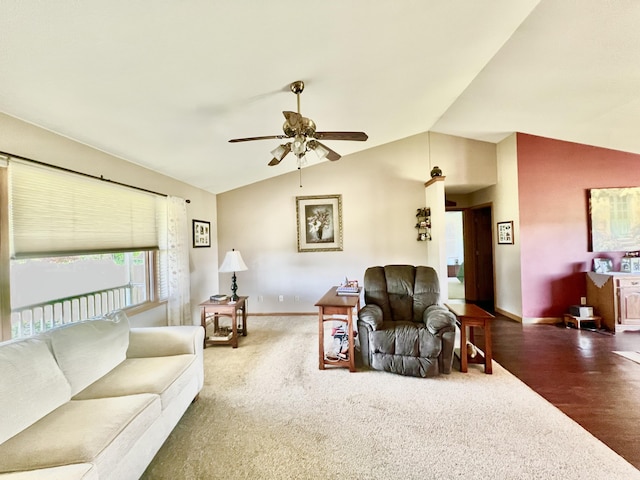 5781 S Waldron Rd, Pittsford, MI 49271 - carpeted living area featuring vaulted ceiling, ceiling fan, and baseboards