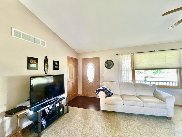 5781 S Waldron Rd, Pittsford, MI 49271 - living area with carpet flooring, lofted ceiling, baseboards, and ceiling fan