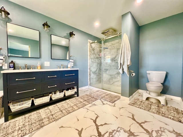 5781 S Waldron Rd, Pittsford, MI 49271 - full bathroom with marble finish floors, double vanity, a marble finish shower, toilet, and baseboards