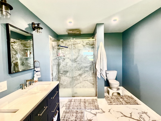 5781 S Waldron Rd, Pittsford, MI 49271 - bathroom with toilet, double vanity, and a marble finish shower