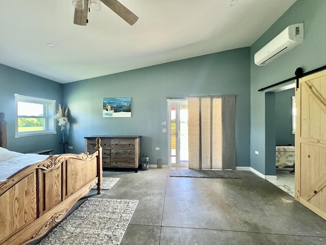 5781 S Waldron Rd, Pittsford, MI 49271 - bedroom featuring a wall mounted air conditioner, a barn door, concrete floors, lofted ceiling, and baseboards