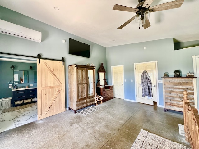 5781 S Waldron Rd, Pittsford, MI 49271 - bedroom featuring a wall mounted air conditioner, a barn door, concrete floors, baseboards, and ceiling fan