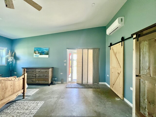 5781 S Waldron Rd, Pittsford, MI 49271 - bedroom featuring a barn door, concrete floors, an AC wall unit, a ceiling fan, and baseboards