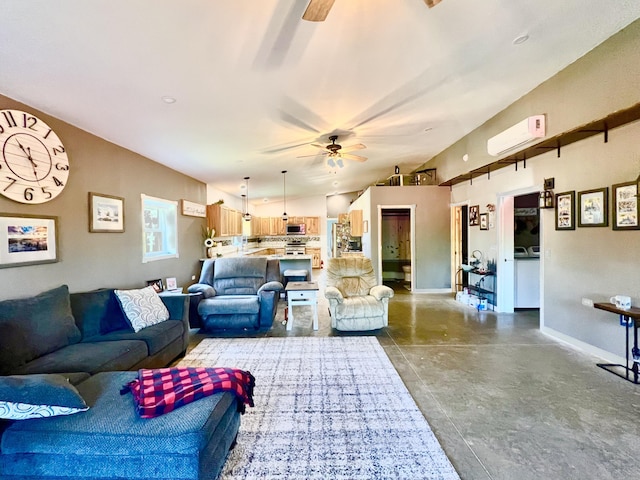 5781 S Waldron Rd, Pittsford, MI 49271 - living room with ceiling fan, finished concrete flooring, a wall unit AC, and baseboards