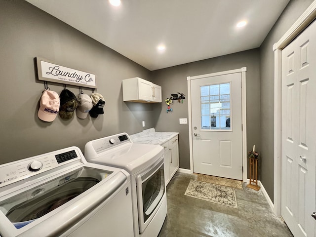 5781 S Waldron Rd, Pittsford, MI 49271 - laundry room featuring cabinet space, washer and dryer, baseboards, and recessed lighting