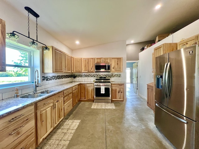 5781 S Waldron Rd, Pittsford, MI 49271 - kitchen featuring appliances with stainless steel finishes, a sink, tasteful backsplash, vaulted ceiling, and concrete flooring