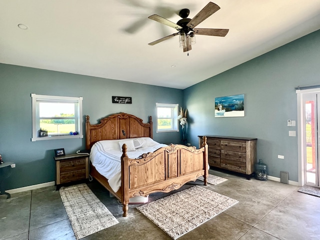 5781 S Waldron Rd, Pittsford, MI 49271 - bedroom featuring vaulted ceiling, concrete flooring, baseboards, and ceiling fan