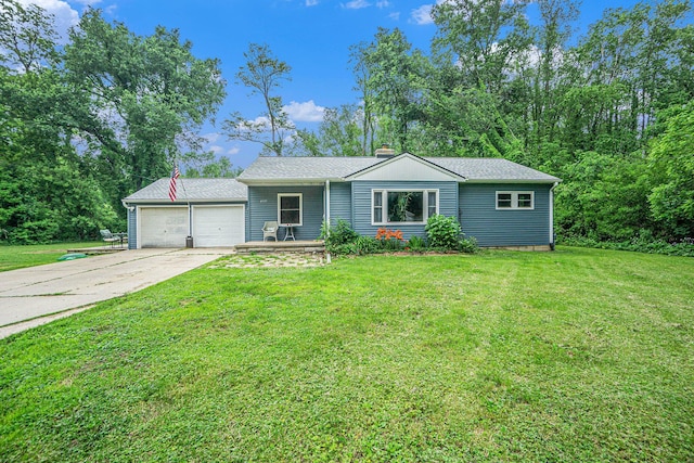 4319 Beckley Rd, Battle Creek, MI 49015 - ranch-style home with an attached garage, concrete driveway, a front lawn, and a chimney