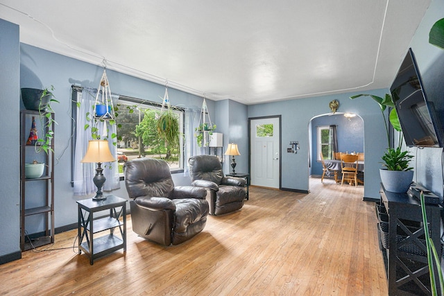 4319 Beckley Rd, Battle Creek, MI 49015 - living room with arched walkways, hardwood / wood-style flooring, and baseboards