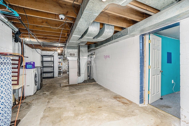 4319 Beckley Rd, Battle Creek, MI 49015 - unfinished below grade area with separate washer and dryer, heating unit, and concrete block wall