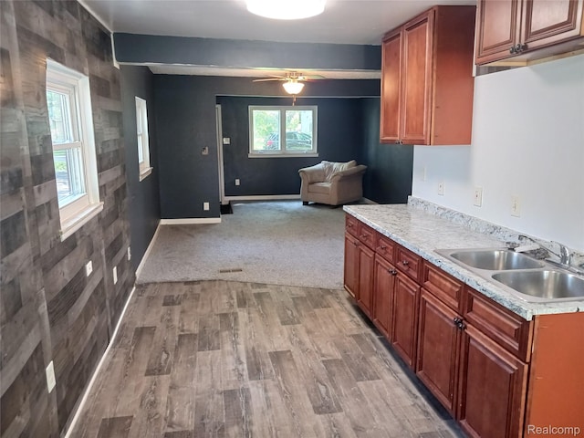 11132 Cape Cod St, Taylor, MI 48180 - kitchen featuring a sink, light countertops, light wood finished floors, and a ceiling fan