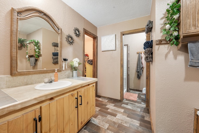 22251 210th Ave, Tustin, MI 49688 - bathroom featuring vanity, a textured wall, a textured ceiling, and stone finish flooring