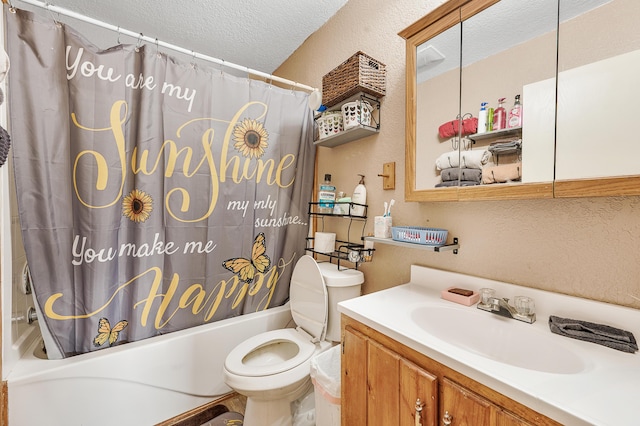 22251 210th Ave, Tustin, MI 49688 - bathroom featuring a textured wall, a textured ceiling, toilet, shower / bath combo, and vanity